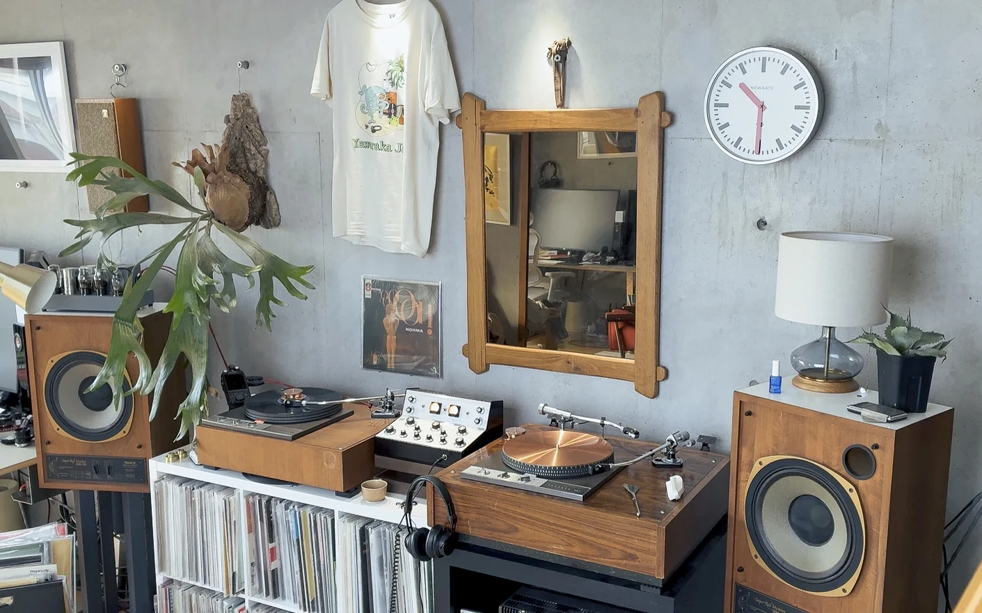 The room: two turntables, a mixer, speakers, a staghorn fern and a wall clock